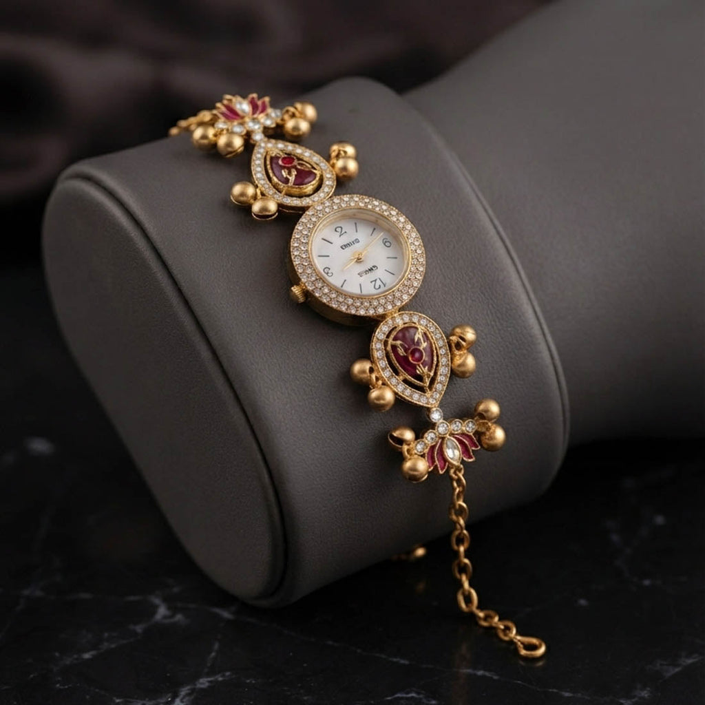 Ornate Crimson Maroon & Blush Pink Color Gemstone Watch For Girls & Women