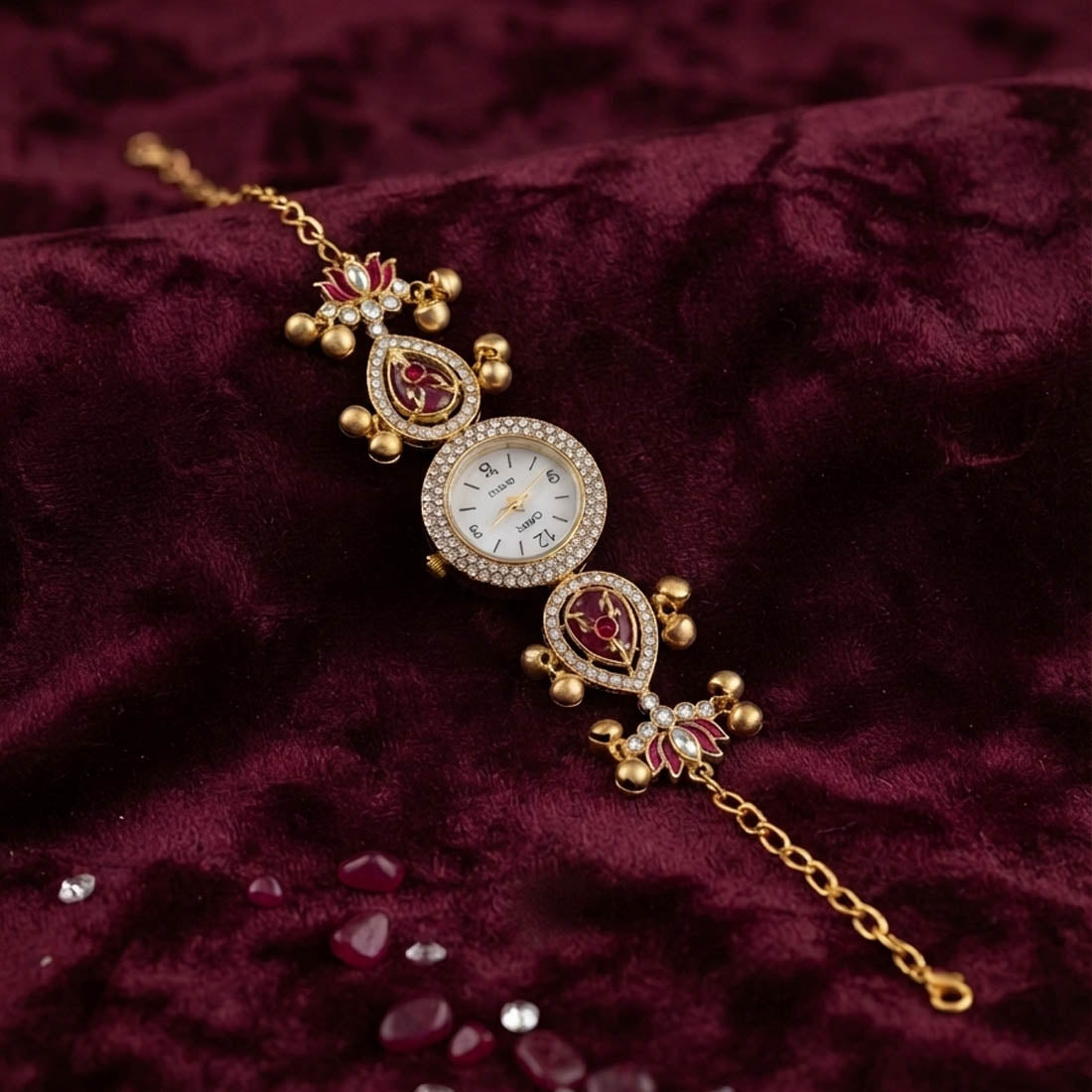 Ornate Crimson Maroon & Blush Pink Color Gemstone Watch For Girls & Women