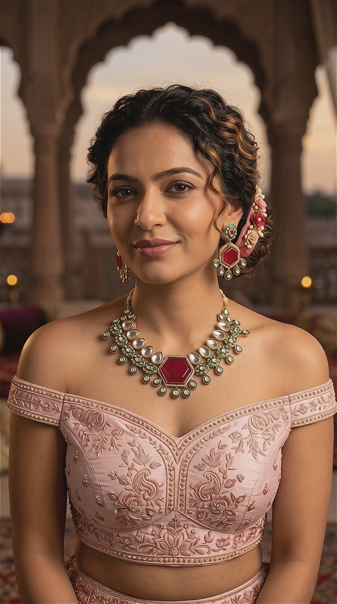 Royal Maroon Color Kundan Necklace Set With Antique Finish Perfect For Indian Brides