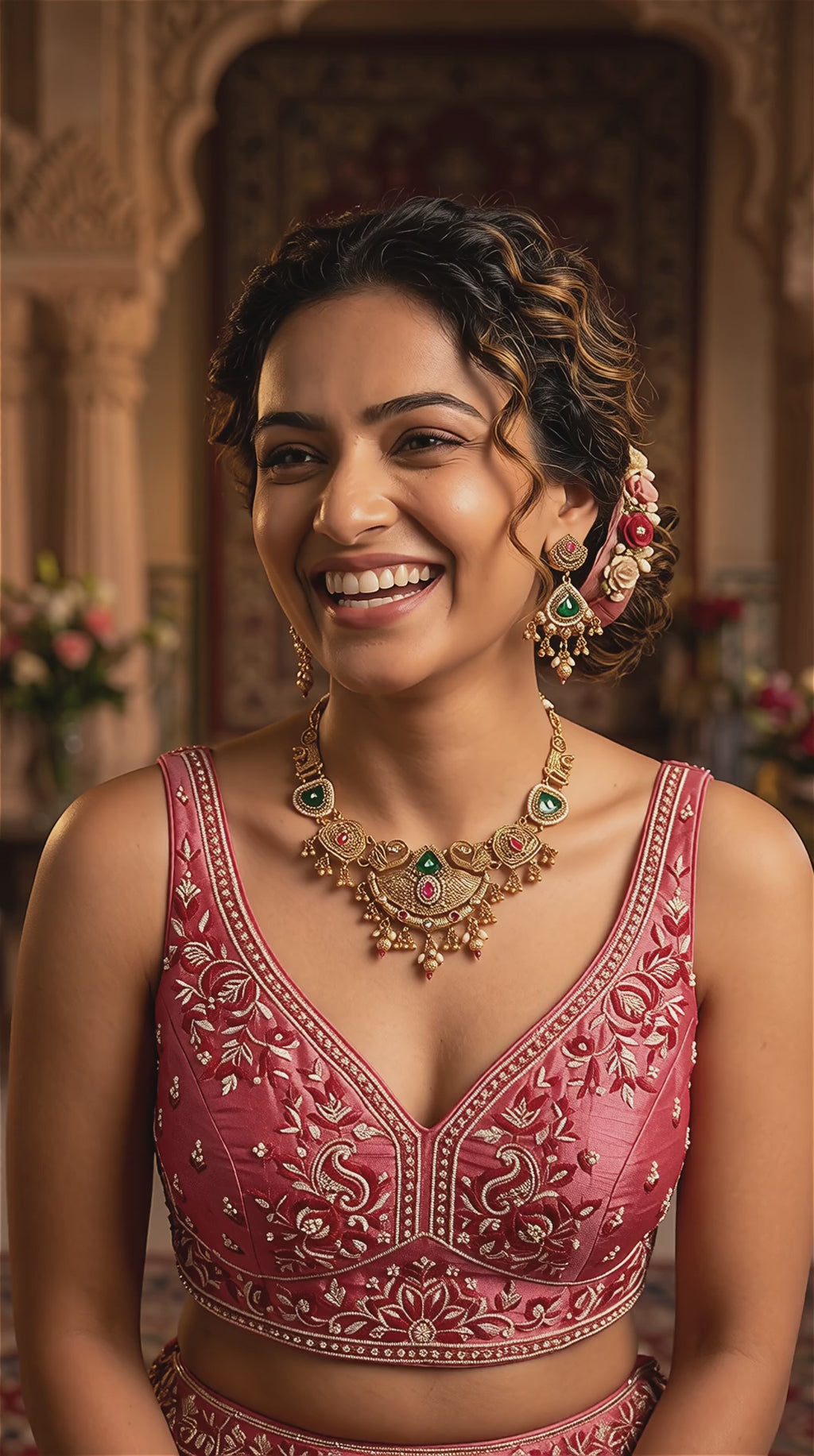 Rani & Green Color Matte Gold Necklace Set Bridal